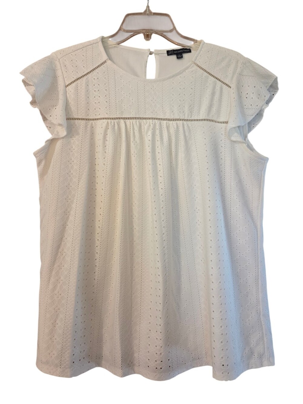 Adrianna Papell White Flutter Sleeve Eyelet Top Cottagecore Babydoll Size Large